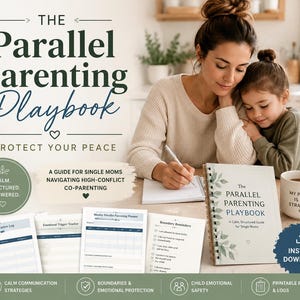 May include: A book titled "The Parallel Parenting Playbook" with a spiral binding, featuring text and illustrations. The cover includes the text "Protect Your Peace" and "A Calm, Structured Guide for Single Moms". A mug with the text "My Peace Is My Strategy" is also visible.