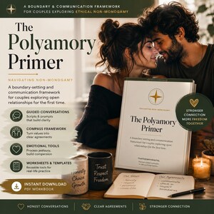 May include: A digital workbook titled The Polyamory Primer, a boundary and communication framework for couples. The image displays the cover, an open notebook with handwritten values and agreements, two mugs, and a candle, all set against a soft background.