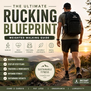 May include: A book cover with the title "The Ultimate Rucking Blueprint" and a man with a backpack walking on a trail. The cover includes icons for burn fat, build endurance, and mental clarity. The book is a weighted walking guide.