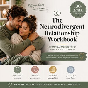 May include: The Neurodivergent Relationship Workbook, a practical guide for ADHD and autistic couples. The cover features a couple embracing, the title, 130+ pages, and sections for assessments, scripts, trackers, and a 90-day plan for connection.