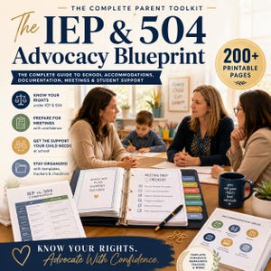 May include: The IEP & 504 Advocacy Blueprint is a comprehensive guide featuring 200+ printable pages for school accommodations. It includes a binder with a meeting prep checklist, comparison charts, and templates to help parents advocate for student support.
