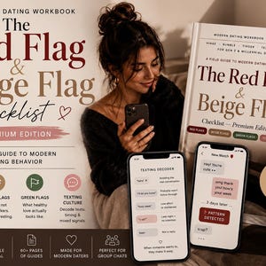 Könnte beinhalten: Ein Dating-Ratgeber mit dem Titel "The Red Flag & Beige Flag Checklist", mit einer Frau, die ein Telefon hält. Das Buch und zwei Telefone zeigen Dating-Tipps. Der Text auf dem Cover enthält "Premium Edition" und "A Field Guide to Modern Dating Behavior."