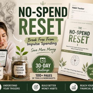 Op de afbeelding: Een op psychologie gebaseerd financieel werkboek getiteld The No-Spend Reset, inclusief een 30-dagen uitdaging, gewoonte-tracker en beoordeling van uitgaventriggers, voorzien van groene bladeren en een icoon van een brein.