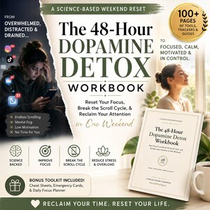 Könnte beinhalten: Das 48-Hour Dopamine Detox Workbook ist ein Arbeitsbuch mit einem Titel, Untertitel und Symbolen für Fokus, Stressabbau und das Durchbrechen von Scroll-Zyklen. Es enthält ein Bonus-Toolkit mit Spickzetteln, Notfallkarten und einem Tagesplaner.