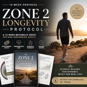 Pode incluir: Imagem promocional do "Zone 2 Longevity Protocol", um reset metabólico de 12 semanas. A imagem apresenta um tablet e dois documentos impressos com gráficos e texto, juntamente com uma pessoa caminhando em um caminho. O texto inclui "Build Energy, Improve Health, Live Longer."