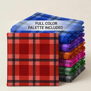 May include: A pile of folded fabric squares in a range of colours, such as red, blue, purple, orange, pink, green, and grey. Each square has a plaid pattern with black lines. The text "FULL COLOR PALETTE INCLUDED" is visible.