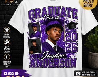 May include: White t-shirt featuring a graduation design. The shirt includes the text "GRADUATE Class of 2026" in purple, along with a photo of a person in a graduation cap and gown. The name "Jayden Anderson" is also displayed.