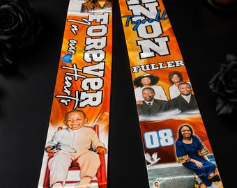 May include: Two graduation stoles with photos and text. One stole has a photo of a baby and the words "Forever in our hearts". The other stole says "Cannon Tyrell Fuller" with a photo of a woman and the number "08".