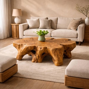 Massivholzwurzel Couchtisch - Organischer Naturplatten-Mitteltisch, skulpturaler rustikaler Wohnzimmertisch, handgefertigte Statement-Holzmöbel
