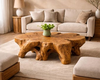 Solid Wood Root Coffee Table – Organic Natural Slab Center Table, Sculptural Rustic Living Room Table, Handmade Statement Wood Furniture