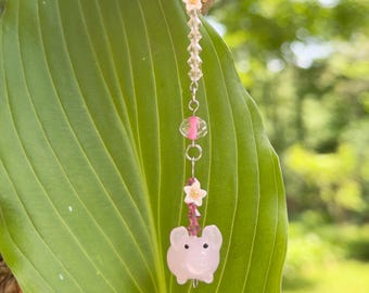 Handmade Pink Pig Phone Charm | Crystal Beads, Flower Accents, Kawaii Accessory