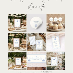 May include: A bundle of party decorations with a summer theme. Includes invitations, signs, banners, gift tags, stickers, and cupcake toppers. The design features blue and white stripes and floral accents. Text includes "The Summer I Turned Bundle" and "The Summer Hallie Turned Sixteen".