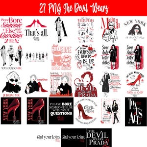Könnte beinhalten: Eine Sammlung von 27 PNG-Grafiken mit Mode-Illustrationen und Text. Die Designs umfassen High Heels, stilvolle Frauen und Sätze wie "The Devil Wears Prada" und "New York."