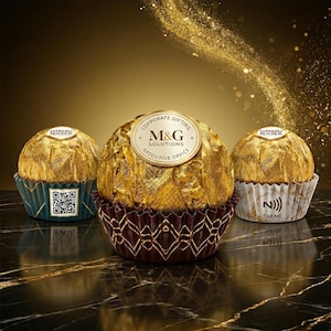 Può includere: Tre grandi cioccolatini avvolti in oro in pirottini decorativi. Il cioccolatino centrale ha un'etichetta con la scritta "Corporate Gifting M&G Solutions Executive Office". Un pirottino ha un codice QR, un altro il testo "Tap Me".