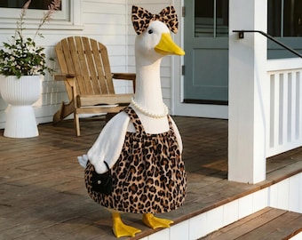 Leopard Print Porch Goose Outfit, Skirt, Bow & Pearl Necklace for Lawn Goose | Goose Clothes, Yard Goose Costume Animal Print Decor