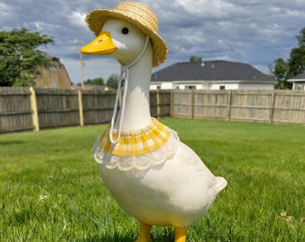 Yellow Gingham & Lace Collar Goose Outfit, Straw Hat Set for Lawn Goose Statue | Porch Goose Clothes, Yard Goose Costume Garden Decor