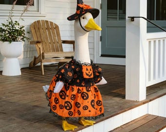 Halloween Witch Porch Goose Outfit, Jack-o-Lantern Dress & Witch Hat for 23 Inch Goose | Lawn Goose Halloween Costume, Yard Goose Decor