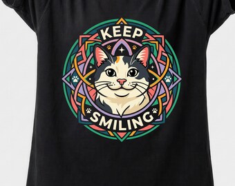 Camiseta para amantes de los gatos, camiseta con estampado de mandala, regalo felino original.