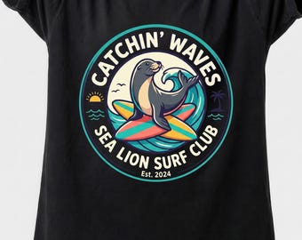 Camiseta Catchin Waves Sea Lion Surf Club, camiseta retro con estampado de animales surfistas, ropa vintage de playa.