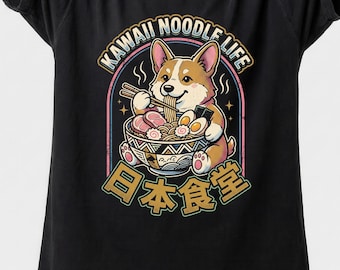 Camiseta japonesa de ramen con Corgi, camiseta gráfica Kawaii Noodle Life, regalo para amantes de los perros,