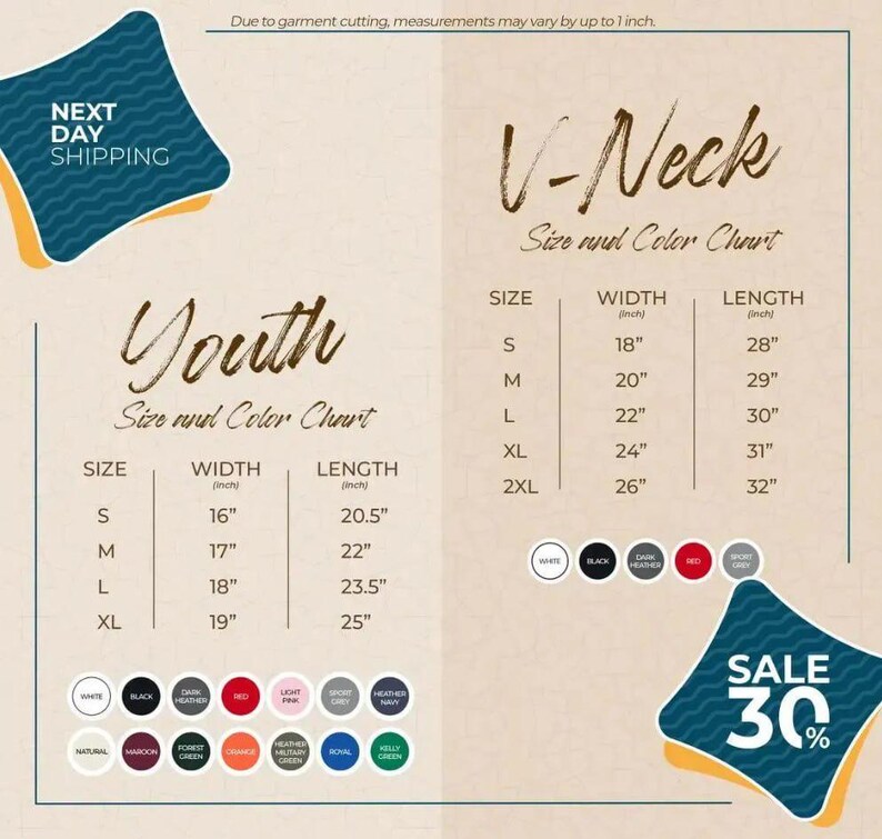Puede incluir: Una tabla de tallas y colores para camisetas con cuello en V y para j&oacute;venes. La tabla con cuello en V enumera las tallas S a 2XL con ancho y largo en pulgadas. Se anuncia una venta del 30%.