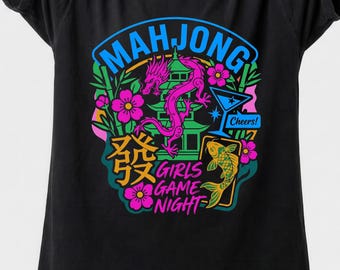 Camiseta para noche de juegos de mahjong para chicas, camiseta retro con estampado de dragón neón, ropa de cóctel para mahjong para mujer.
