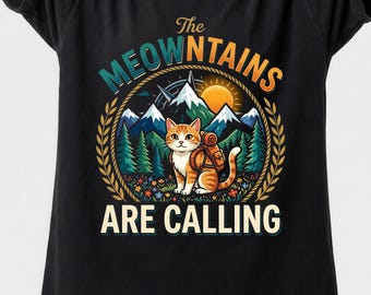 Camiseta "The Meowntains Are Calling", divertida camiseta de senderismo con diseño de gato, camiseta retro con estampado de montaña.