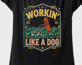 Camiseta "Trabajando como un perro", camiseta divertida de perro caliente cortando el césped, camiseta retro con estampado de salchicha