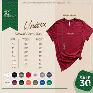 Puede incluir: Una camiseta unisex roja con una tabla de tallas y colores. La tabla muestra medidas en pulgadas para las tallas S a 4XL. Las opciones de color incluyen blanco, negro, rojo y m&aacute;s. Una pancarta verde dice "Next Day Shipping". Una etiqueta verde muestra 30%.