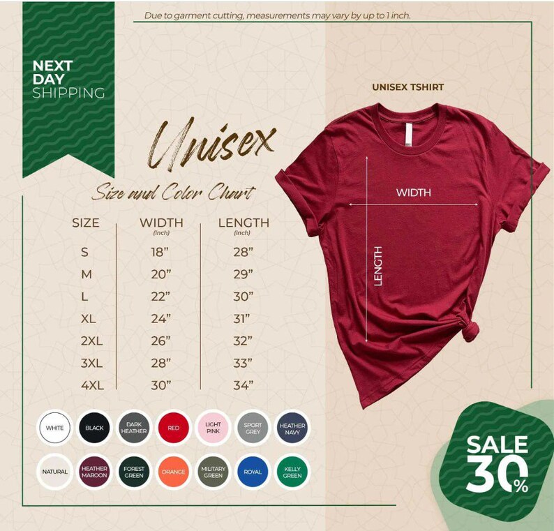 Puede incluir: Una camiseta unisex roja con una tabla de tallas y colores. La tabla muestra medidas en pulgadas para las tallas S a 4XL. Las opciones de color incluyen blanco, negro, rojo y m&aacute;s. Una pancarta verde dice "Next Day Shipping". Una etiqueta verde muestra 30%.