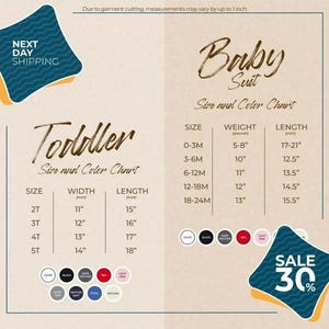 Puede incluir: Una tabla de tallas y colores para trajes de beb&eacute; y ropa para ni&ntilde;os peque&ntilde;os. La tabla incluye medidas de talla, peso y longitud en pulgadas para trajes de beb&eacute;, y medidas de talla, ancho y longitud en pulgadas para tallas de ni&ntilde;os peque&ntilde;os. La imagen tambi&eacute;n incluye un anuncio de venta.
