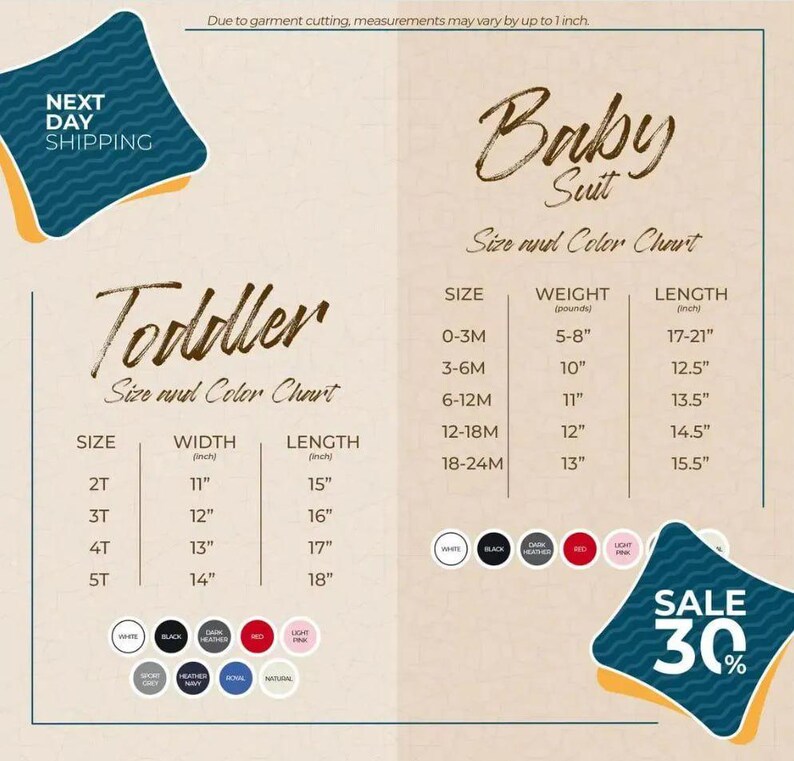 Puede incluir: Una tabla de tallas y colores para trajes de beb&eacute; y ropa para ni&ntilde;os peque&ntilde;os. La tabla incluye medidas de talla, peso y longitud en pulgadas para trajes de beb&eacute;, y medidas de talla, ancho y longitud en pulgadas para tallas de ni&ntilde;os peque&ntilde;os. La imagen tambi&eacute;n incluye un anuncio de venta.