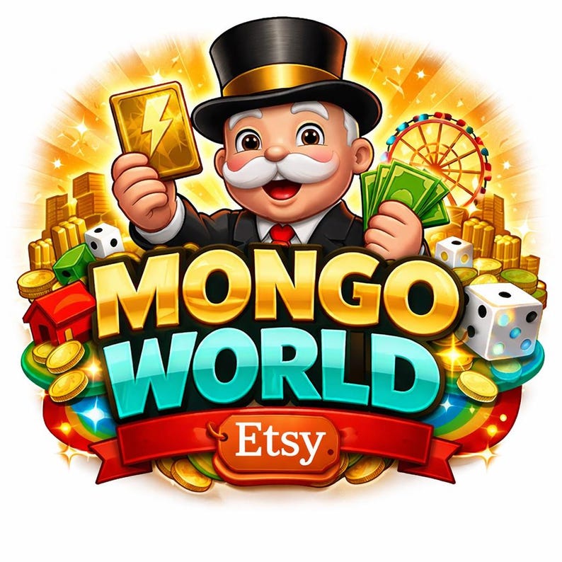May include: A cartoon character with a white mustache wearing a black top hat and suit, holding a gold lightning bolt card and green paper money. The text MONGO WORLD is displayed in large letters above a red banner with the word Etsy printed on it.