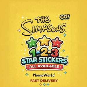 May include: A yellow graphic featuring the text The Simpsons GO! above three glossy stars in green, yellow, and red. Below are the numbers 1-2-3, the text STAR STICKERS, ALL AVAILABLE, MongoWorld, and FAST DELIVERY, surrounded by small star icons.