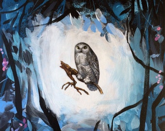 Snowy owl, bird painting, small painting, affordable art, black and white art, original art, collage art, bird art, bird artwork