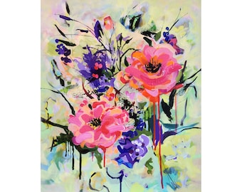 Abstract Rose Painting, Pink Floral Art, 16x20 Canvas Wall Decor, "Prairie Roses"