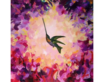 Hummingbird, hummingbird painting, red painting, original painting, abstract painting, vintage hummingbird, abstract canvas art, floral art
