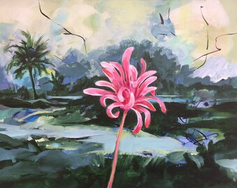 Acrylic painting, painting on canvas, old florida, old florida art, abstract landcape, floral painting, pink flowers, small painting