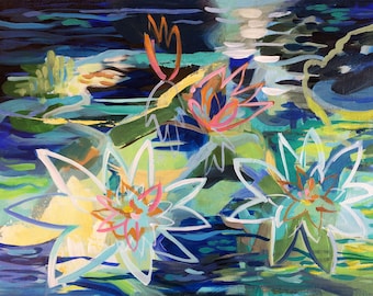 Floral Abstract Acrylic Painting, 12"x16", Water Lilies Wall Art, "Neptune's Water Lilies"