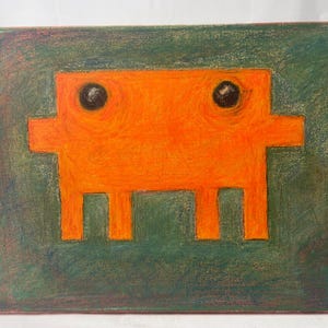 May include: A rectangular canvas painting featuring a bright orange, blocky, four-legged creature with two large, dark, circular eyes centered against a textured, dark green background with visible brushstrokes and blended color layers.