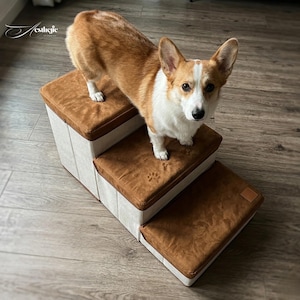 May include: A three-step pet stair in neutral tones. The steps have a brown, textured surface with paw print details, and the sides are a light beige. A corgi dog with brown and white fur stands on the top step, looking at the camera.