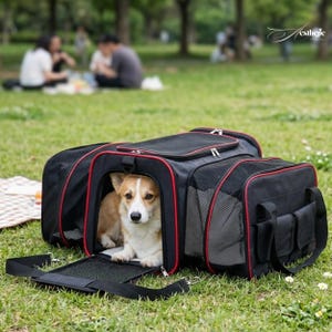 May include: A black pet carrier with red trim and mesh windows sits on green grass. A corgi dog is inside the carrier, looking at the camera. The carrier has a shoulder strap and multiple pockets.