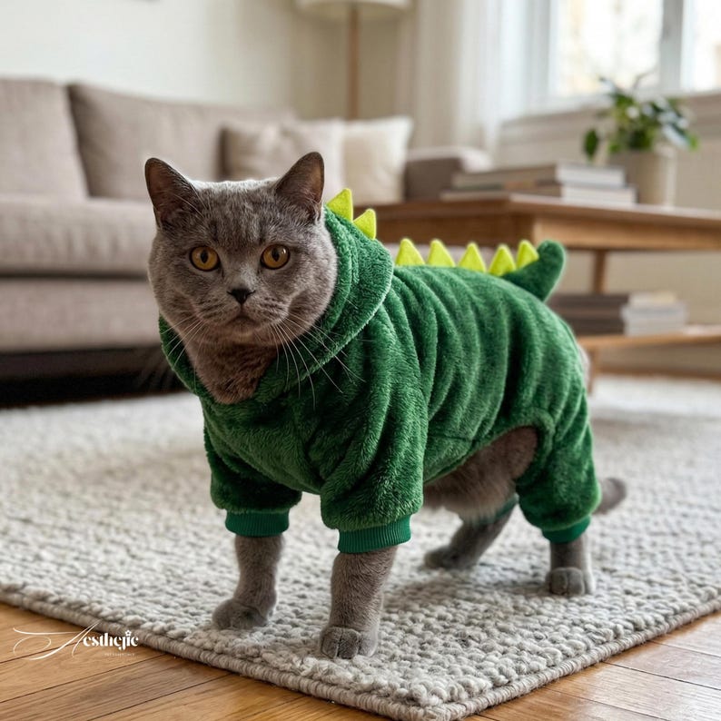 K&ouml;nnte beinhalten: Eine graue Katze in einem gr&uuml;nen Dinosaurierkost&uuml;m mit Kapuze und Schwanz. Das Kost&uuml;m hat gelbe Stacheln auf dem R&uuml;cken und gr&uuml;ne B&uuml;ndchen. Die Katze steht auf einem grauen Teppich.
