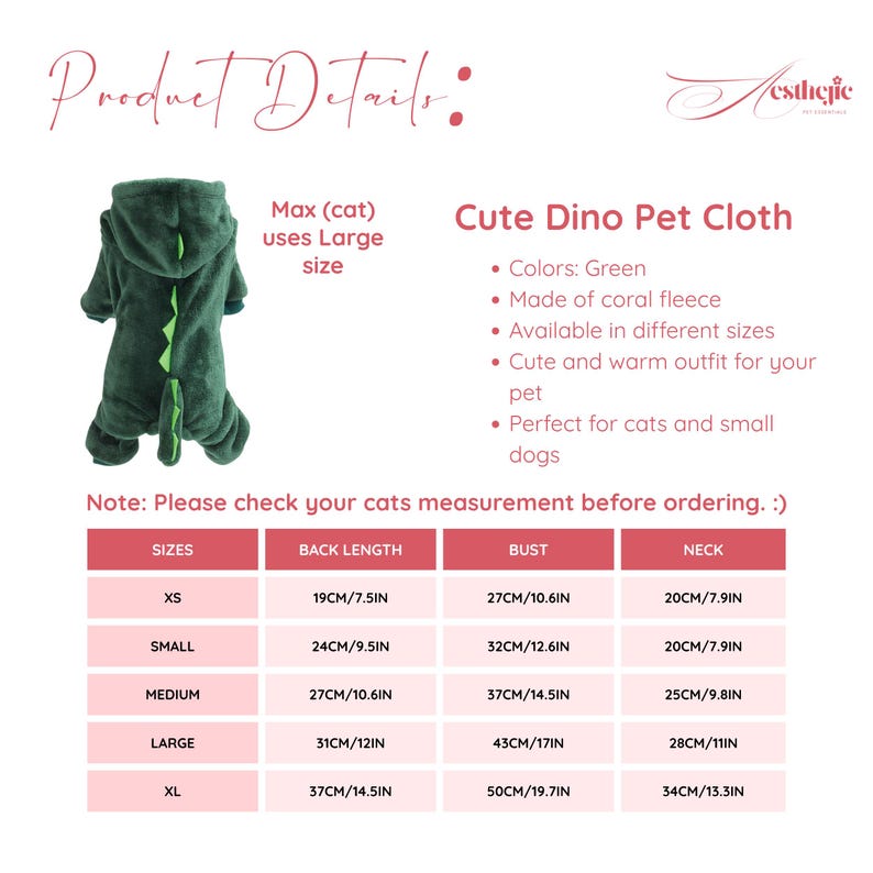 Dinosaurier-Haustierkostüm | Koralle Fleece Kapuzen Outfit für Katzen, Kleine Hunde Bild 7