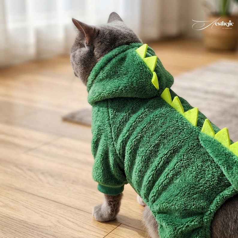 K&ouml;nnte beinhalten: Eine graue Katze tr&auml;gt ein gr&uuml;nes Dinosaurierkost&uuml;m mit Kapuze und gelben Stacheln. Das Kost&uuml;m besteht aus einem weichen, strukturierten Material. Die Katze ist drinnen, in der N&auml;he eines Fensters.