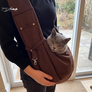 May include: A brown cat carrier bag with a gray cat inside. The bag has a shoulder strap and a small pocket. The cat is looking at the camera. The bag is being held by a person.