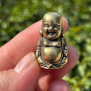 May include: A small, gold-coloured Buddha figurine with a smiling expression. The statue has detailed facial features and clothing folds. The Buddha is seated, with hands resting on the lap. The figurine is made of a shiny, metallic material.
