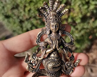 Brass Naga Kanya Figurine Vintage Patina Snake Goddess Statue Tibetan Style Desk Altar Decor Collectible
