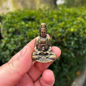 May include: A small, detailed brass statue of a seated Buddha figure. The statue is golden-coloured with intricate carvings, depicting the Buddha in a meditative pose. The figure is held in a hand against a blurred green background.