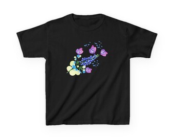 Camiseta infantil con estampado floral de mariposas – Camiseta de algodón colorida para niña pequeña